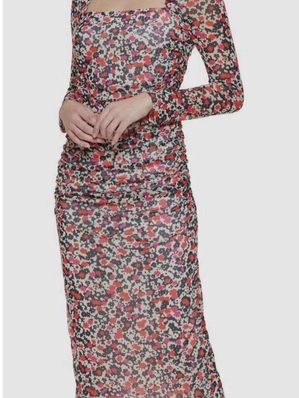 Tommy Hilfiger Coral & Pink Floral Square-Neck Long Sleeve Midi Dress